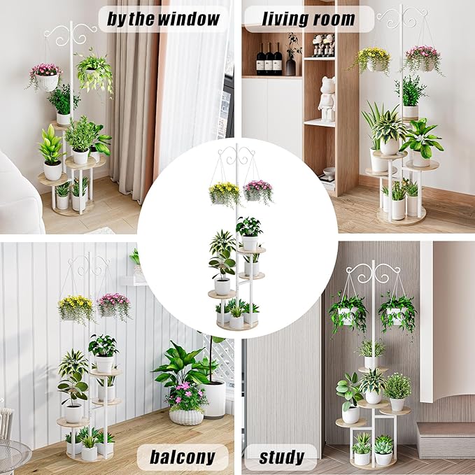 Plant Stand Indoor 5 Tier 8 Potted with hook hanging basket Multiple Flower Pot Holder for Patio Garden Balcony Living Room Corner (5 Tier with hook White+Sonoma Oak) INGIORDAR