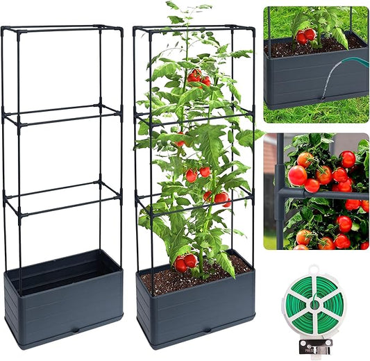 2 Packs Raised Garden Bed Tomato Planter Box with Trellis, 43.4" Self-Watering Tomato Cage with Rectangular Trellis for Climbing Plants, Flowers, Vegetables, Vine in Patio Garden Indoor Outdoor Biotolot