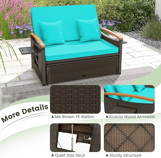 Tangkula Patio Rattan Daybed with 4-Level Adjustable Backrest, Outdoor Wicker Loveseat with Acacia Wood Armrest, Storage Ottoman & Folding Tray, Double Sunbed for Balcony, Yard & Poolside (Turquoise) TANGKULA