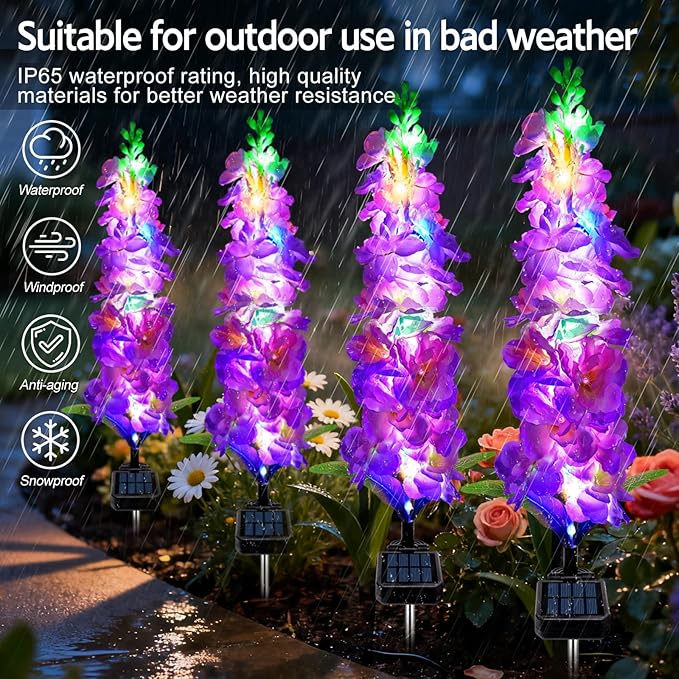 Solar Garden Lights, Solar Purple Delphinium Flowers Lights 4 Pack 80 LEDs, Waterproof Outdoor Light Two Lighting Modes for Outside Wedding Party Garden Yard Patio Lawn Decor MRHEPHAESTUS