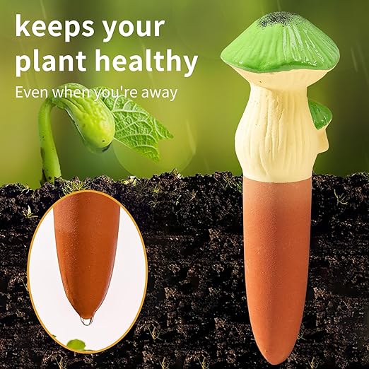 4 Pack Watering Globes - Terra Cotta Watering Spikes for Indoor Plants, Handcrafted Mushroom Shape Self Watering Devices with Slow Release System, Plant Water Bulbs for Vacation & Outdoor Pot LumDecor