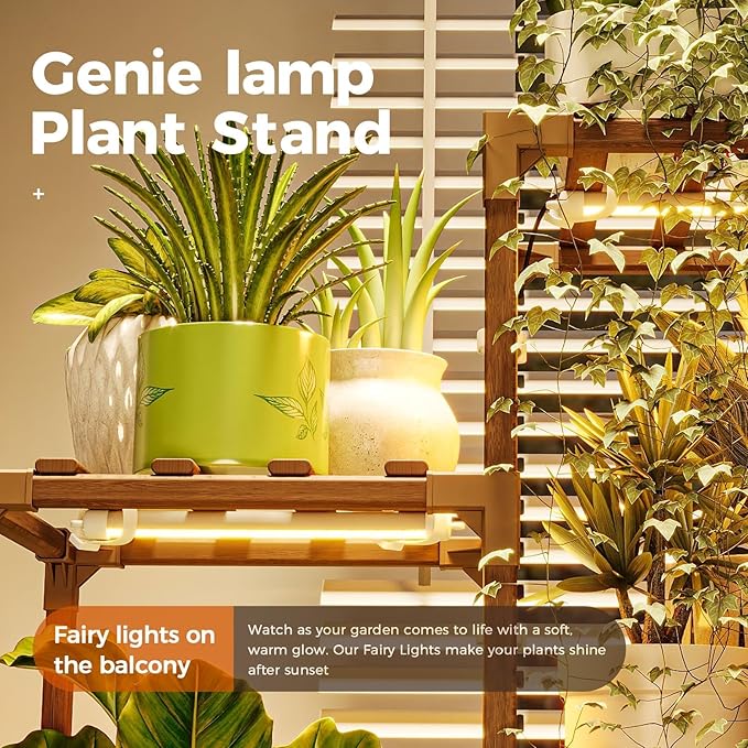 Bamworld Plant Stand with Grow Light Plant Shelf for Mutiple Pots 3 Tiers Ladder Plant Holder for Living Room Patio Boho Home Decor for Gardening Warm Light Bamworld