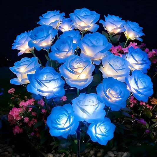 Solar Garden Rose Lights by FANCYPOP, 2 Pack Most Realistic 12 LED Flower Stake Lights, IP65 Waterproof 7 Color Changing Solar Decor for Walkway/Graveyard, Heartwarming Gifts for Grandma & Mom, Blue Rootora