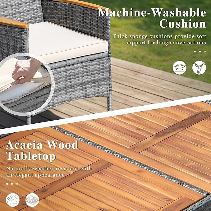 Devoko Outdoor Patio Dining Sets 9 Pieces Wicker Outdoor Dining Table and Chairs Set with Acacia Wood Table Top and Widened Armrests for Backyard, Garden, Deck (Grey) DEVOKO