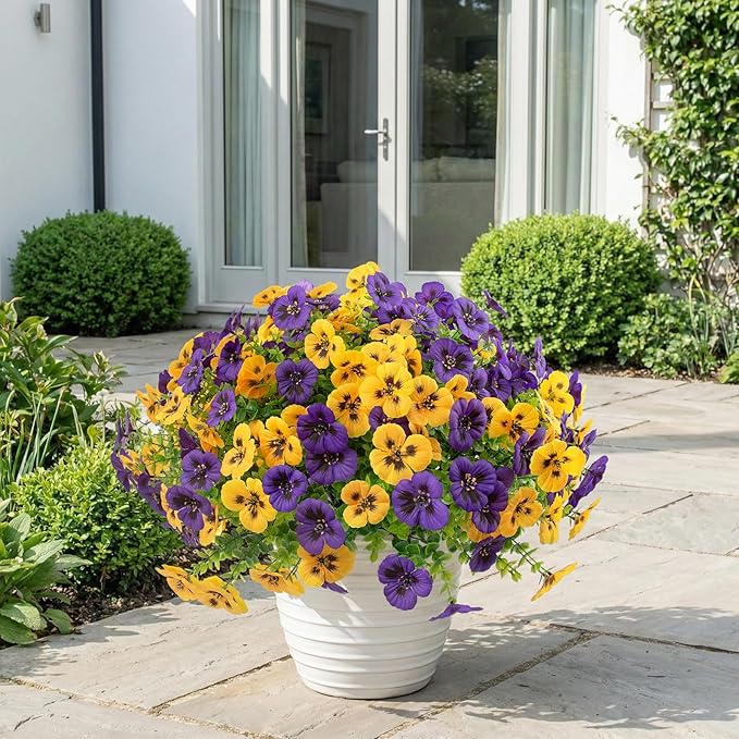 18 Pcs Artificial Fake Pansy Flowers for Outdoor, Faux UV Resistant Silk Pansies Flowers for Outside Planter Front Door Porch Yard Patio Window Box Home Decor (18, Yellow,Purple) RowfadFlora