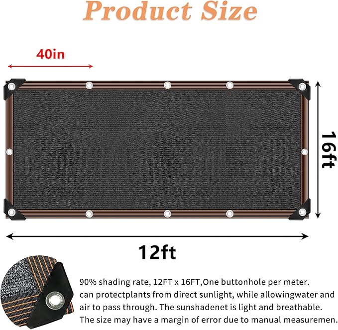 QLOFEI Shade Cloth for Garden, 90% Sunblock Neting Cover with Grommets, Sun Shade Cloth for Patio Kennel Chicken Coop Pergola Greenhouse Plants Cover Mesh Tarp, 12x16 FT QLOFEI
