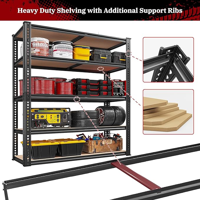 REIBII 40" W Garage Shelving 2500LBS Storage Shelves 72" H Metal Shelving 5 Tier Metal Shelves Adjustable Pantry Shelf for Garage Closet Kitchen Basement 40" W x 19.7''D x 72''H REIBII