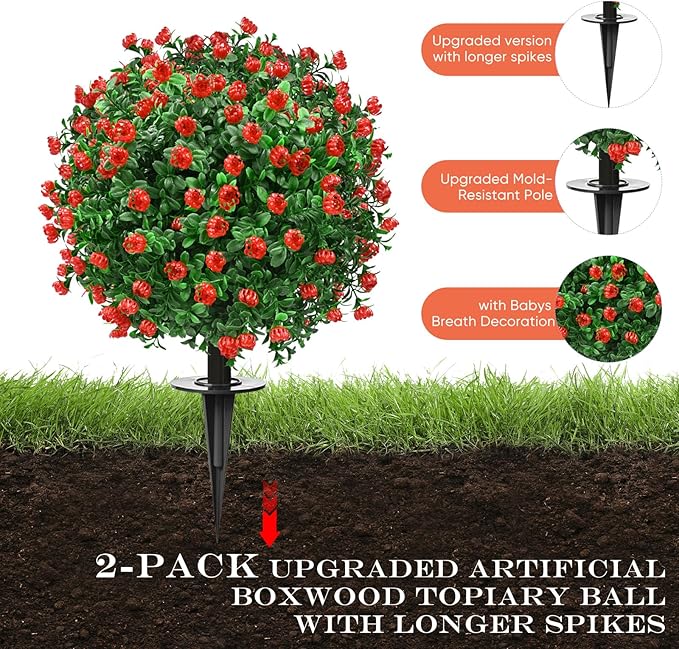 Artificial Topiary Bushes for Outdoors with Spike, Boxwood Ball Fake Shrubs UV Resistant Faux Plants for Indoor Outdoor Fall Thanksgiving Halloween Decor (Artificial Boxwood Ball Bush-Red) FAJUNZH