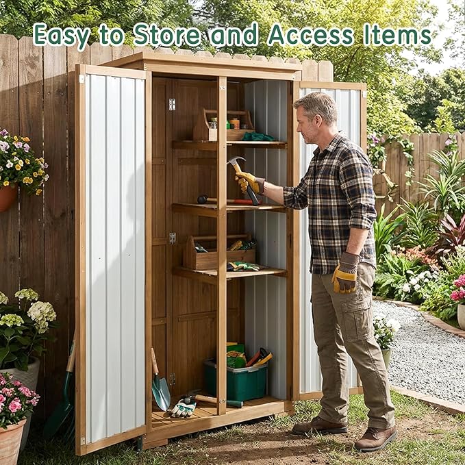 Outdoor Storage Cabinet with Shelf, Wood & Metal Storage Shed with Waterproof Roof & Lockable Doors,Tall Outdoor Cabinets for Patio Backyard, Gardening Tools and Accessories, Brown MAGAZOOPET