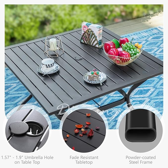 PHI VILLA 37" Patio Table for 4, Metal Outdoor Dining Table with E-Coating, Square Steel Slated Outdoor Table with 1.57" Umbrella Hole for Garden Backyard, Black PHIVILLAThepioneerofcomfortablehouseholdsupplies