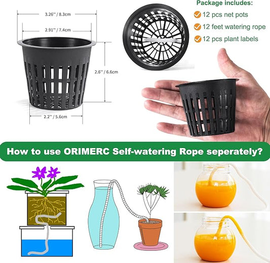 ORIMERC 12 Pack 3 inch Net Cups Pots with 12 feet Hydroponics Self Watering Wick & 12 Plant Labels Aquaponics Mason Jar Bucket Insert Orchid kratky Vegetable Garden Growing Netted Basket Slotted Mesh OrimercGarden