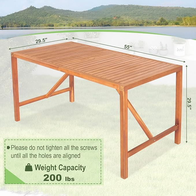 Tangkula 55" Acacia Wood Outdoor Dining Table for 4-6 Person, Rectangular Patio Dining Table with 2" Umbrella Hole and Support Bars, Indoor Outdoor Dining Furniture for Deck, Garden, Poolside & Yard TANGKULA
