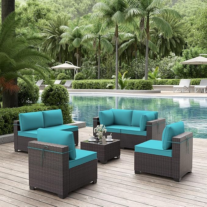 ALAULM Patio Furniture Set with Coffee Table, 7 Pieces Outdoor Sectional with Wide Seat and Thick Cushion, All Weather Wicker Rattan Conversation Set for Backyard, Garden, Deck, Turquoise ALAULM