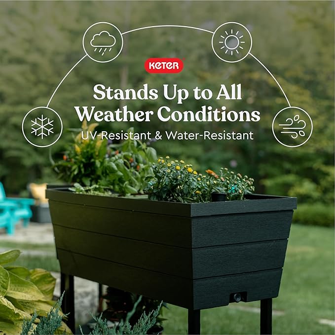 Keter Urban Bloomer 12.7‑Gallon Raised Garden Bed – Elevated Outdoor Planter Box with Self‑Watering Reservoir, Water Gauge & Drainage System, Perfect for Herbs & Vegetables, Dark Grey Keter