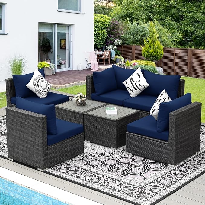 NICESOUL 7 Piece High-End Outdoor Furniture Sofa Set, 29.3'' High Back XL Large Grey Wicker Patio Modular Sectional with Side Tables, All-Weather Couches for Backyard Deck, 2 Color Cushion Navy & Grey NICESOUL