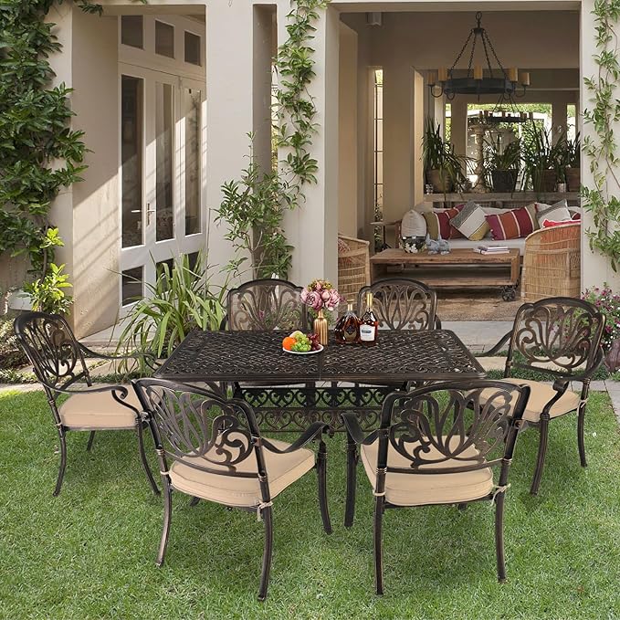 VINGLI 7 Pieces Outdoor Dining Set, Cast Aluminium All-Weather Patio Dining Set for 6 with Umbrella Hole, Outdoor Dining Table and Chairs with Cushion for Yard, Garden, Porch and Poolside, Bronze VINGLI