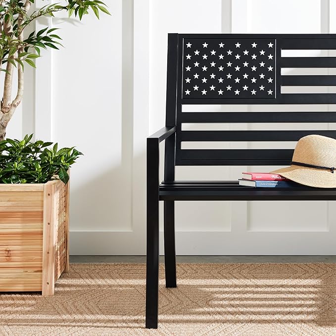 Best Choice Products Outdoor Bench 2-Person Steel Indoor/Outdoor Bench for Garden, Patio, Porch, Entryway w/American Flag, 790lb Capacity – Black BestChoiceProducts