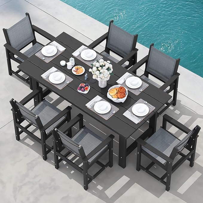 SERWALL Patio Dining Sets for 6, Outdoor HDPE Dining Set with Umbrella Hole Cut-Out Table and 6 Woven Chairs, Black SERWALL