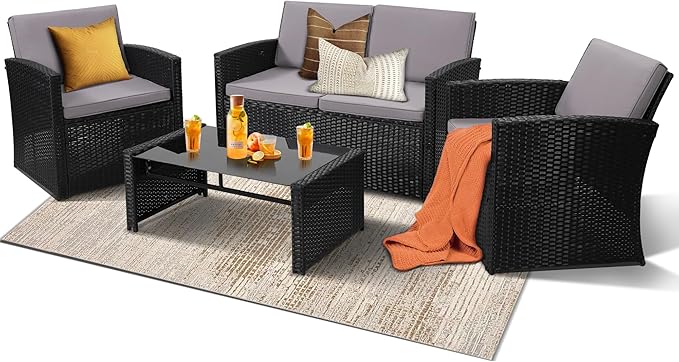 4-Piece Patio Furniture Set, Wicker Outdoor Rattan Sectional Sofa with Cushions and Glass Table, All-Weather Outdoor Conversation Set, Ideal for Garden, Porch, Backyard, Grey KROFEM