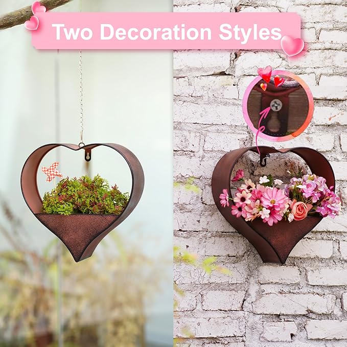 Metal Plant Hangers Indoor and Outdoor: Easter Gifts for Mom Women Her Wife Garden Lovers Birthday - Heart Shape Hanging Planters for Window Wall Living Room Office Decor(Rustic) Philodwell