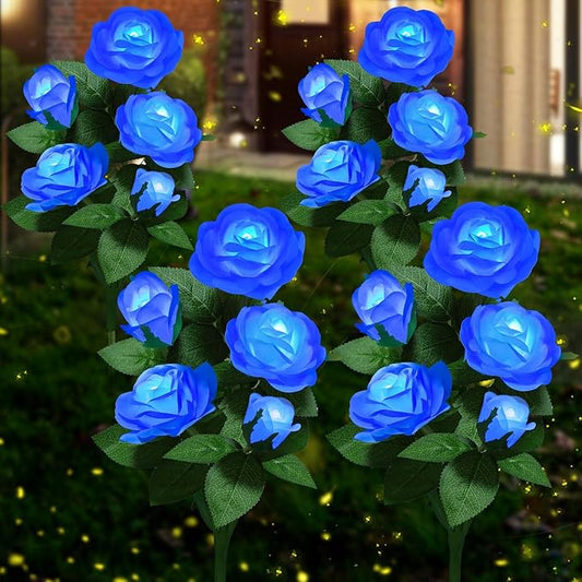 Solar Flower Lights Outdoor - Upgraded New Material Two Modes Realistic LED Solar Powered Waterproof Lights with 5 Roses, Solar Decorative Stake Lights for Garden (Blue, 4 Pack) LightYourLife