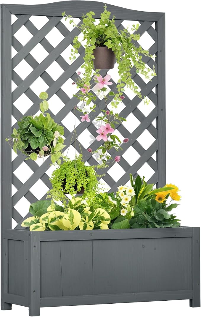Outsunny Wooden Raised Garden Bed with Trellis, 46" Planter Box, to Grow Vegetables, Herbs, and Flowers for Backyard, Patio, Gray Outsunny