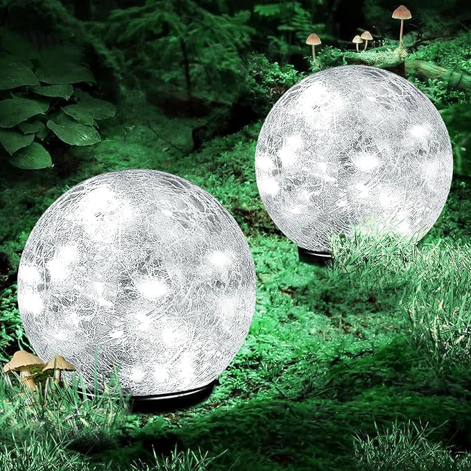 Coroor Garden Solar Ball Lights Outdoor Waterproof, 50 LED Cracked Glass Globe Power Ground for Path Yard Patio Lawn, Outdoor Decoration Landscape White (2 Pack 4.7'') Coroor