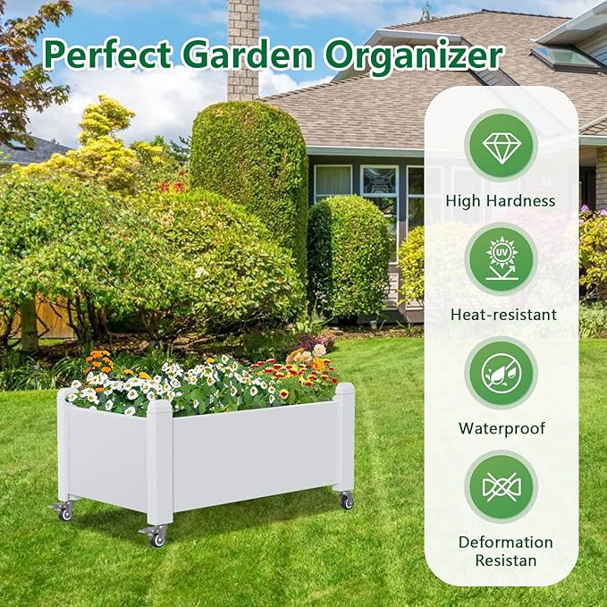 Raised Garden Bed with Wheels, 14 Gallon Self-Watering Raised Planter Box with Drainage Plug & Gauge for Vegetables Flowers Herbs Succulents, Rustproof Resin for Backyard Patio Porch (Ashen) OutdoorLivingPerfected