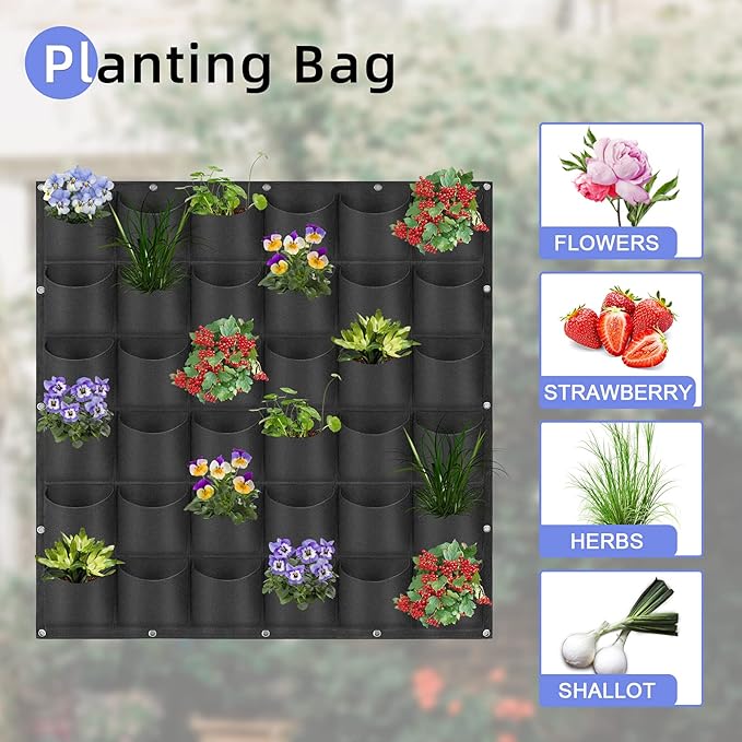 36 Pockets Hanging Planter Bags, Hanging Vertical Wall Mounted Plant Planting Grow Bags, Herb Garden Planter Outdoor Indoor Growing Bag, Gardening Vertical Greening Flower Container(1m×1m, Black) Pehciroe