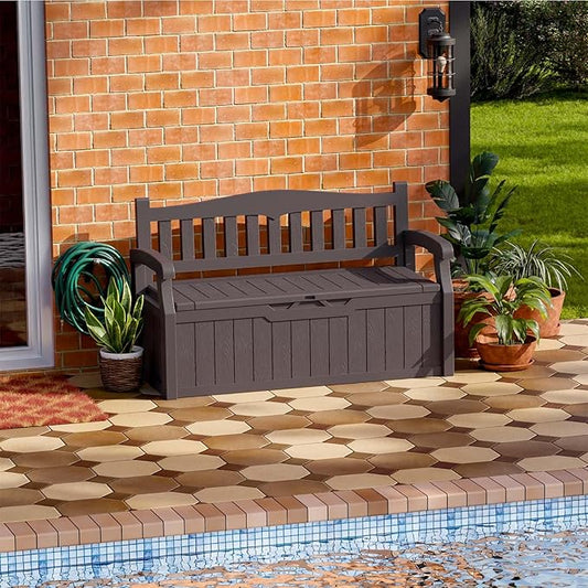 Patiowell 75 Gallon Plastic Storage Bench, Water-Resistant Deck Box for Patio Furniture, Garden Tools, Pool Storage and Outdoor Cushions, Brown Patiowell