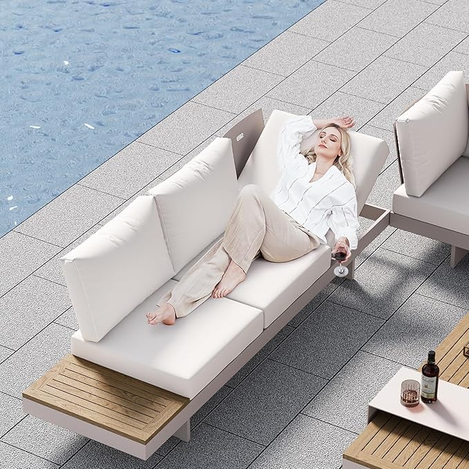 homary 6 Piece Aluminum & Teak Outdoor Sofa Set, Patio Sofa Seat L-Shaped Outdoor Sectional Sofa Set with Adjustable Backrests/Waterproof/Fade Resistant Cushions Ideal for Patios/Balconies,Light Gray Homary