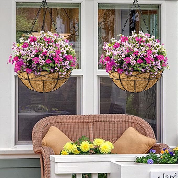 4 Pack 16 Inch Hanging Planters for Outdoor Plants Metal Wire Flower Baskets with Coco Liner & Plastic Saucer Large Deep Hanging Plant Pots for Porch Balcony Garden Décor KarlliuHOMEGARDEN