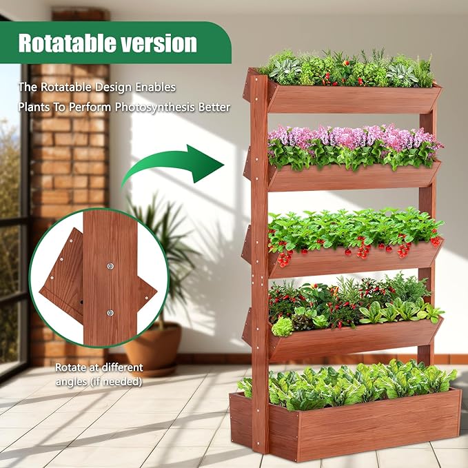 SUNYRISY 5 Tiers Vertical Wooden Raised Garden Bed Outdoor, Freestanding Garden Planter Box Stand for Planting Herbs Flowers Vegetables Outdoor Gardening SUNYRISY