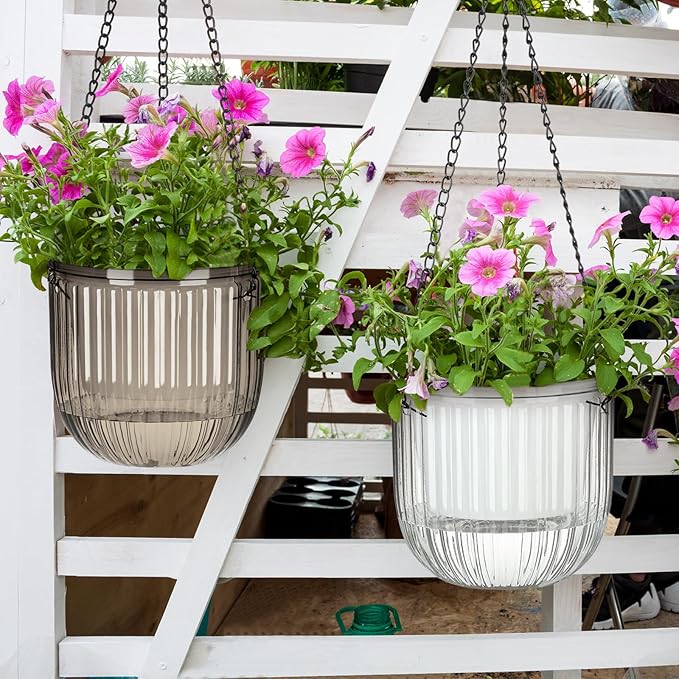 Maxcheck 4 Pcs Self Watering Hanging Planters Indoor Gift 6.5'' 4.5'' Hanging Flower Pots Baskets Outdoor Self Watering Plant with 3hooks Drainage Holes for Home(Grey,Clear) Maxcheck