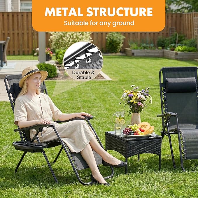 NEWBULIG Zero Gravity Chair Set of 2, Lounge Chair Folding Portable Adjustable Camping Reclining Chairs with Adjustable Pollow, Mesh Back, Cup Holder Trays Lawn Patio Chair for Pool Beach - Black NEWBULIG