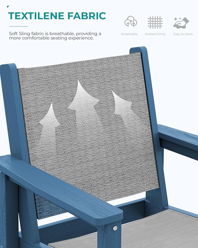 SERWALL 3 Pieces Textilene Adirondack Bar Set, Tall Adirondack Bar Height Chairs with Bar Table, Sling Balcony Adirondack Chairs, Weather Resistance Resin Outdoor Bar Height Stools, Blue SERWALL