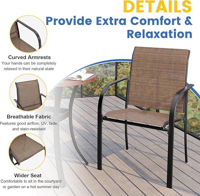 VICLLAX Large Patio Dining Furniture Set, Outdoor Dining Set for 10-60" Round Outdoor Table and Patio Stackable Chairs, Black Tabletop and Brown Fabric HOME