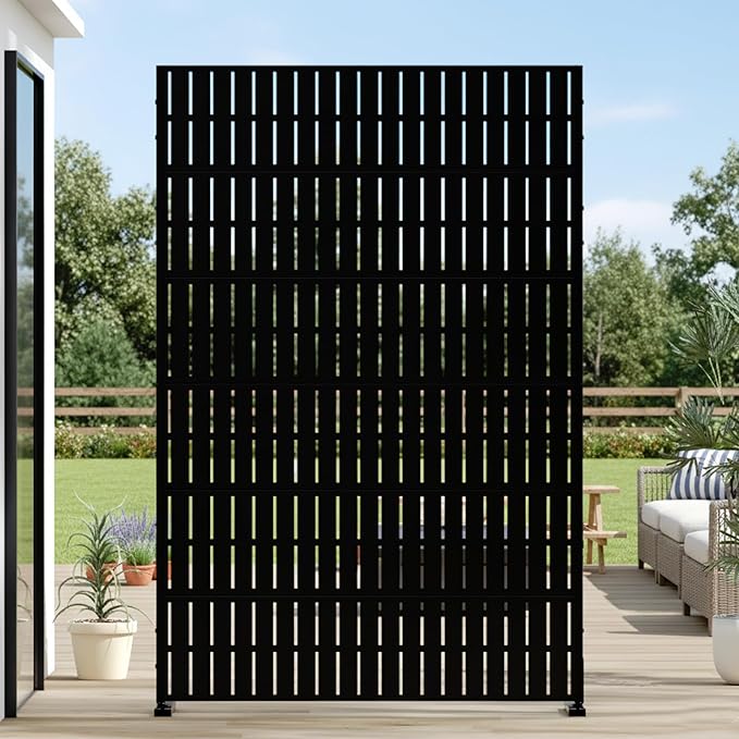 Casaphoria Metal Privacy Screen Outdoor, 72" H x 47" W Freestanding Decorative Privacy Screen for Patio Deck Balcony Garden with Stable Base, Black-Fence Casaphoria