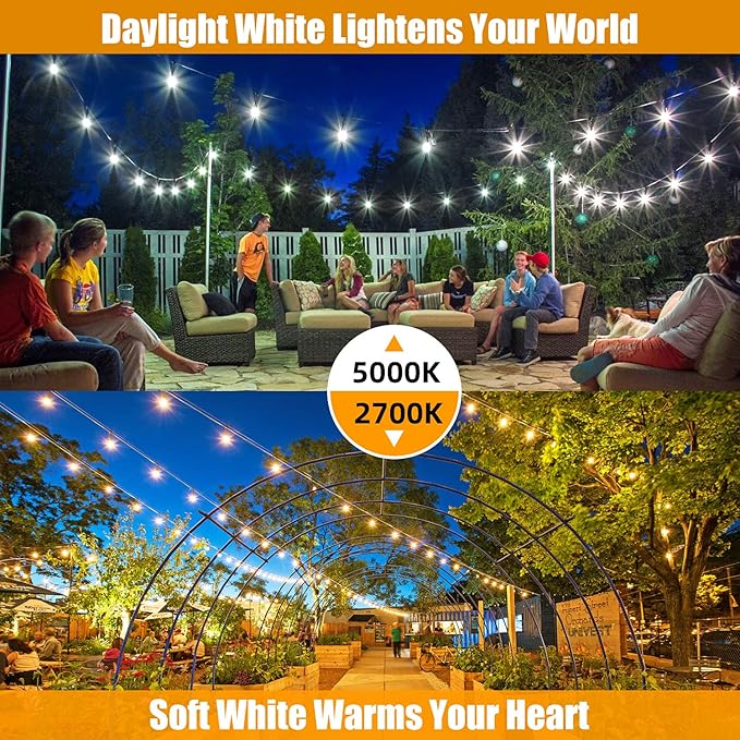 96FT(48×2) Outdoor String Lights, Commercial Grade Heavy Duty White Wire Patio Light with Dimmable S14 Shatterproof LED Bulbs, Linkable Waterproof Bistro Lights for Outside Deck Backyard Cafe Market Lakumu