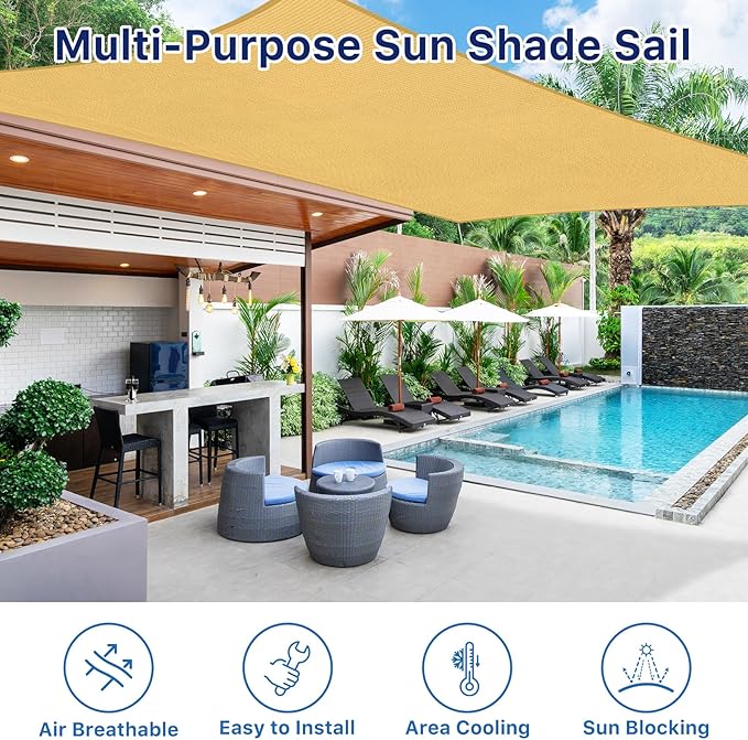 12'x12' Sun Shade Sail, UV Protection Outdoor Shade, Curved Tear Resistant Heavy Duty Sun Shade for Patio Garden, Backyard, Deck, Car Port, Playground, (Sand) RoomHacks
