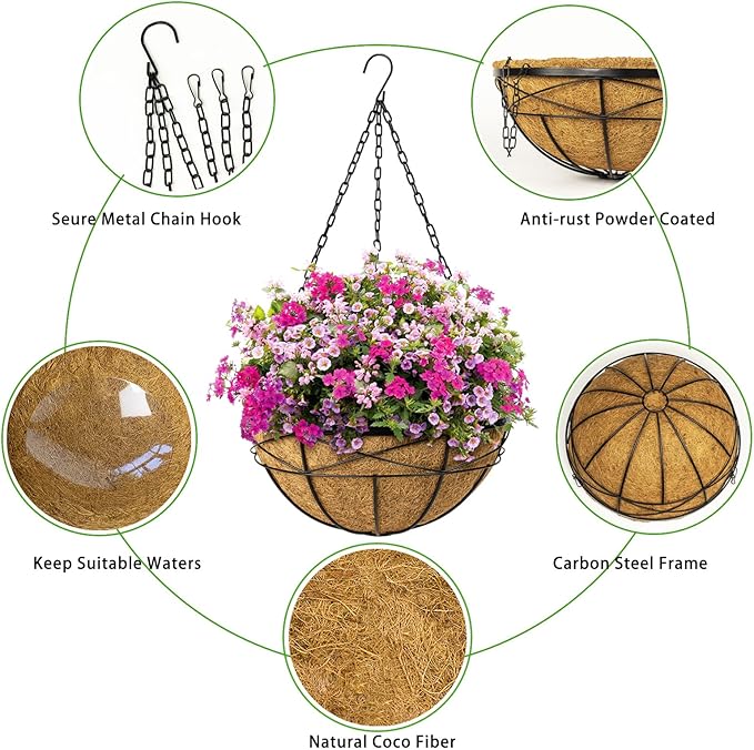 2 Pack 20 Inch Extra Large Deep Hanging Planters for Outdoor Plants Watering Hanging Baskets Flower Pots with Coco Liners Metal Hanging Plant Holder for Porch Balcony Garden Decor KarlliuHOMEGARDEN