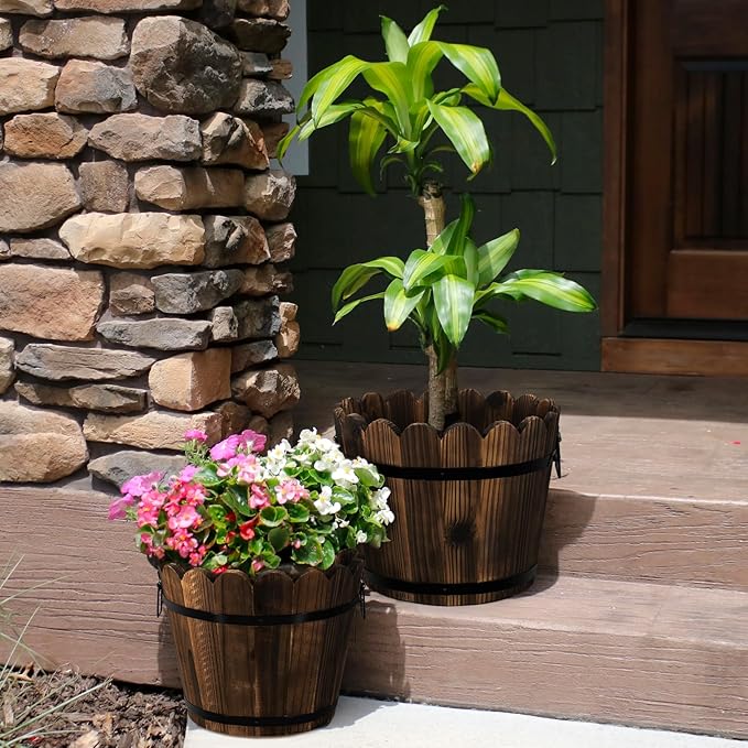 Wooden Barrel Planters Flower Pots for Indoor Outdoor Plants, 10+11.5 inch Rustic Patio Garden Front Porch Planters Plant Pots Outdoor Decor Set of 2 HakkaGirl