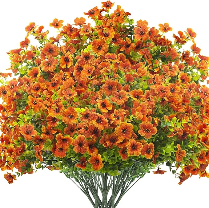 Artificial Fake Flowers for Outdoor Spring Decoration, 16 Bundles Faux Silk Colorful Daisy UV Resistant Realistic for Outside Porch Patio Home Yard Garden Planters Pots Window Box (Orange) Grunyia