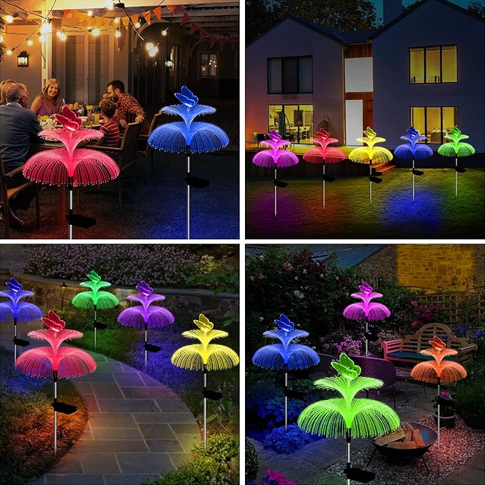Solar Garden Lights Waterproof 3 Pack Solar Lights Outdoor Decorative 7 Color Changing Double Jellyfish and Butterfly Flower Garden Decor Yard Christmas Pool Outdoor, Gifts for Mother's Women Weepong