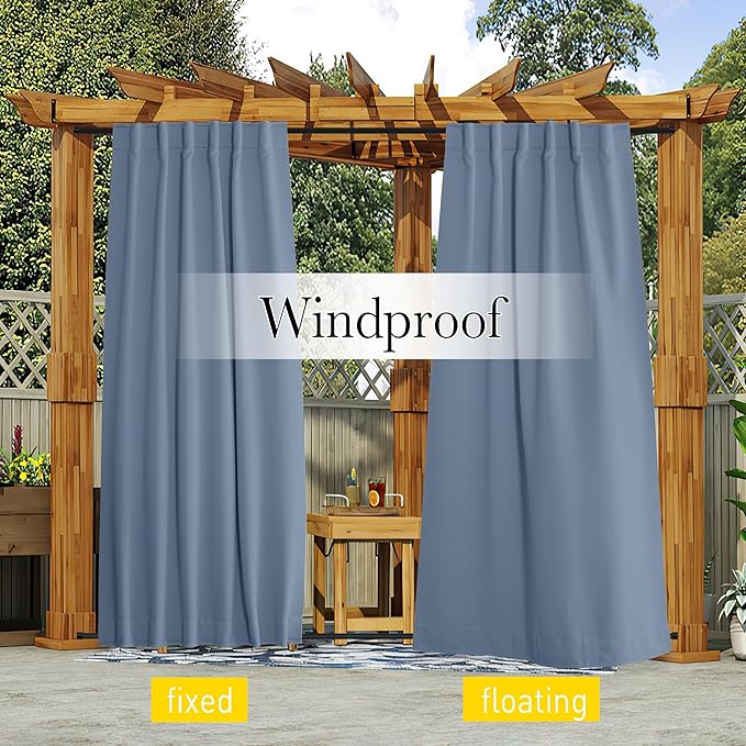NICETOWN 2 Panels Outdoor Curtains Waterproof Pocket & Back Tab on Top & Bottom, Thermal Insulated Fixed Windproof Outdoor Drapes Privacy for Patio with Rope for Fixed, W52 x L95, Stone Blue NICETOWN