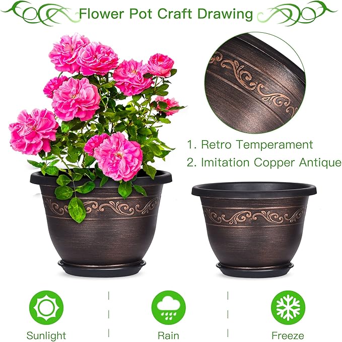 Plastic-Plant-Flower-Planters-16 Inch With Drainage Hole & Saucer, 3 Packs Lightweight Small Resin Flower Pot Indoor Outdoor, Retro Antique Imitation Decorative Garden Containers Sets For Houseplants Pottiffe