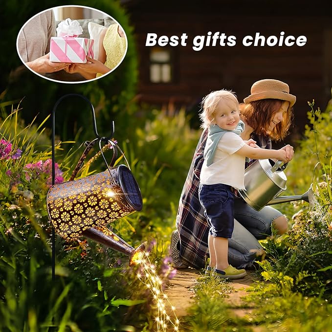 Outdoor Solar Watering Can with Lights Garden Decor Large Solar Powered Lanterns Hanging Waterproof LED Decorative Retro Metal Kettle String Lights for Table Yard Pathway Walkway Gardening Gifts Sugarneon