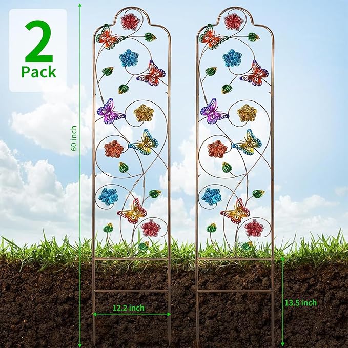 2 Pack Metal Garden Trellis Arched Fence Trellises for Climbing Plants Outdoor, Roses, Vines, Flowers, and Vegetables Support, 60'' H x 12'' W, Butterfly YADOOLIFE