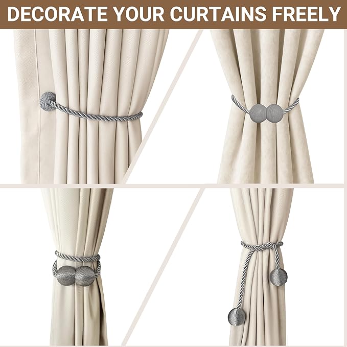 Hion Magnetic Curtain Tiebacks Grey 4 Pack, Curtain Tiebacks Buckles Holdbacks Holders Hooks Clip for Home Bedroom Office Decorative Thick or Thin Curtain Hion
