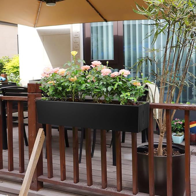2 Pack Metal Railing Planter Box, 30 Inch Balcony Planters with Adjustable Brackets, Large Hanging Planters for Outdoor Fence Deck TISUWING